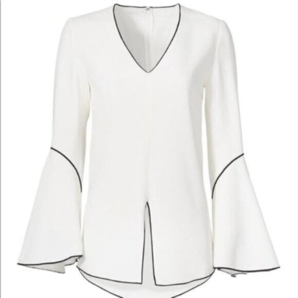 Derek Lam White Piping Blouse Size 8 Bell Sleeve MSRP $1,295